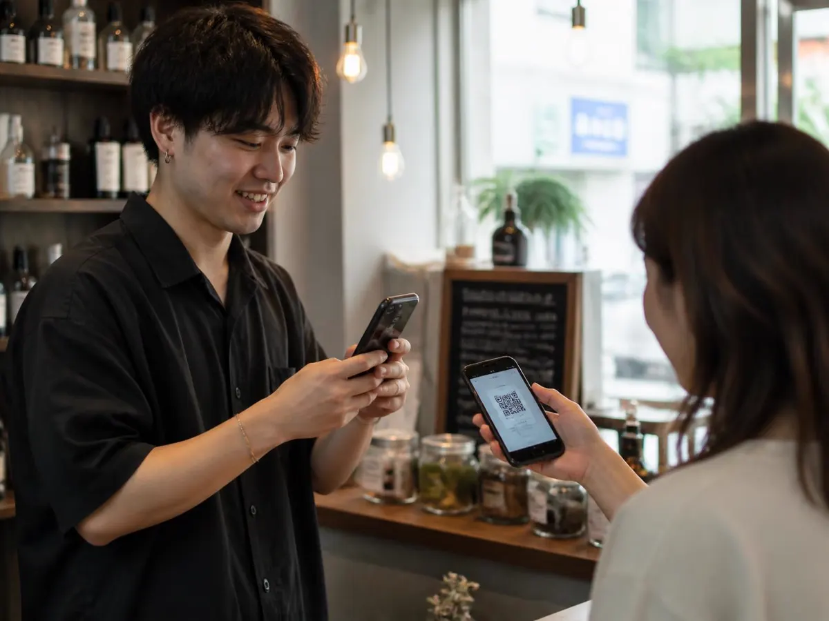 Un membre du personnel scanne avec son téléphone le QR code affiché sur le smartphone d'une cliente, au comptoir du commerce.