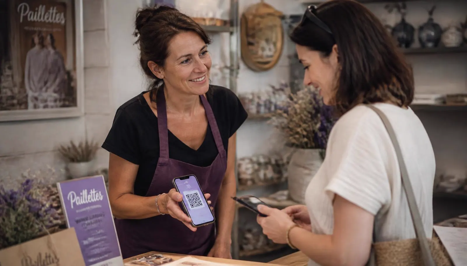 Une commerçante montre à sa cliente le QR code de son programme de parrainage sur un smartphone, dans sa boutique.